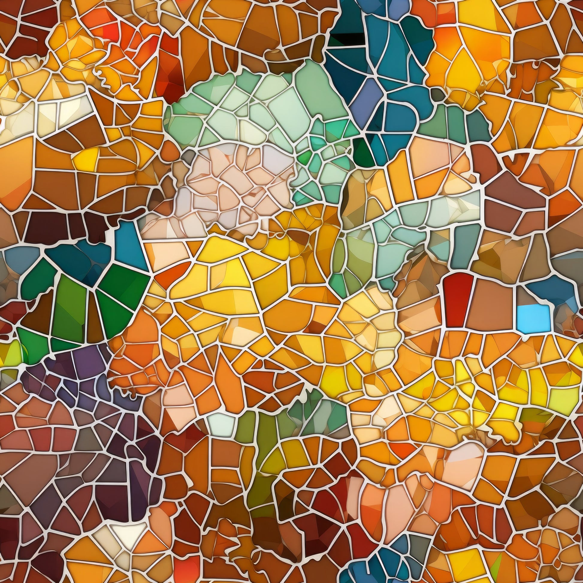 mosaic art, stained glass, geometric pattern, orange, yellow, green, blue, teal, amber, burnt orange, sage green, irregular shapes, abstract design, colorful fragments, quilting cotton, fabric panel, artistic mosaic, vibrant colors, tessellation, decorative pattern