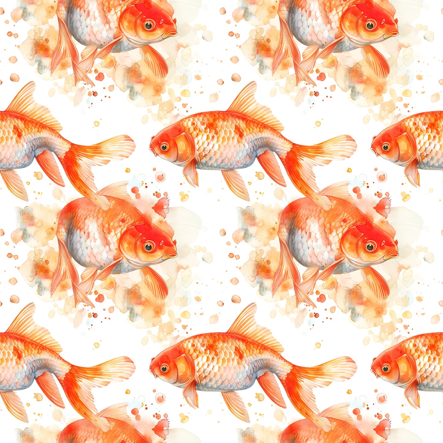 watercolor fish, goldfish pattern, orange fish, coral pink, peachy tones, warm colors, aquatic animals, swimming fish, repeating pattern, quilting cotton, fabric panel, watercolor style, painterly effect, splash details, scales texture, fins detail, seamless repeat, craft fabric, sewing material, fish motif