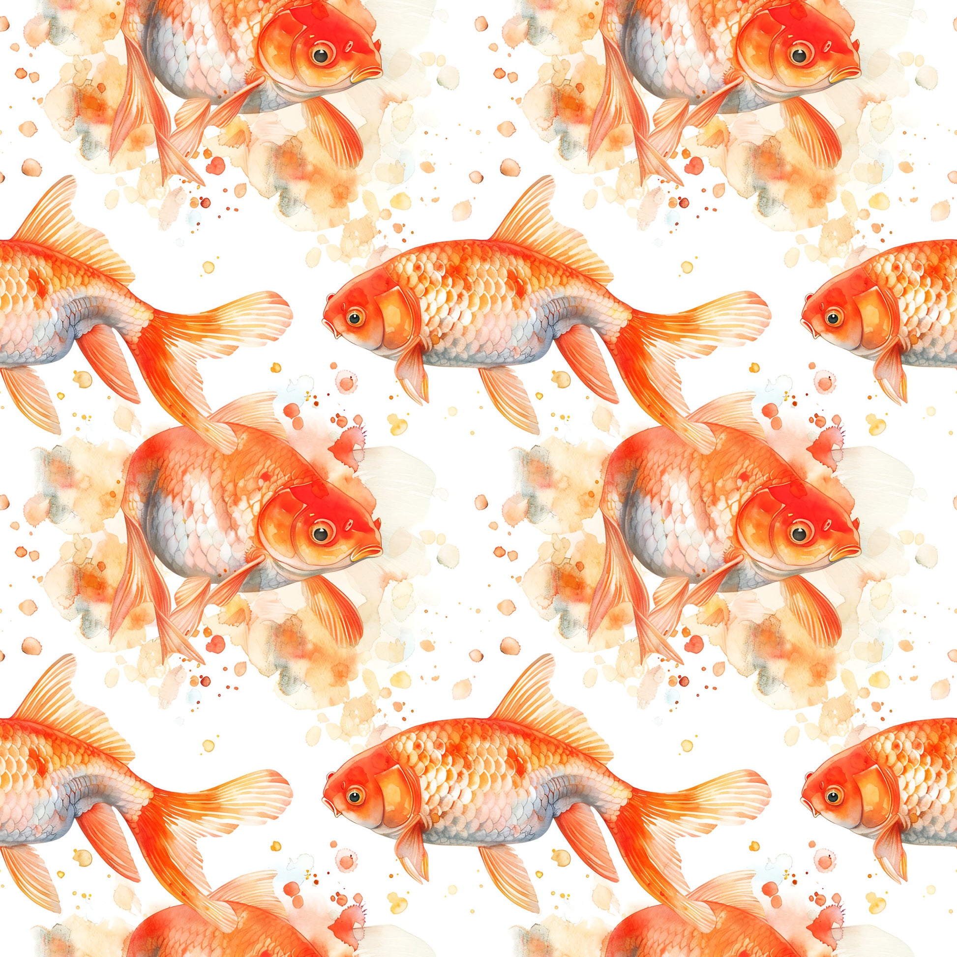 watercolor fish, goldfish pattern, orange fish, coral pink, peachy tones, warm colors, aquatic animals, swimming fish, repeating pattern, quilting cotton, fabric panel, watercolor style, painterly effect, splash details, scales texture, fins detail, seamless repeat, craft fabric, sewing material, fish motif