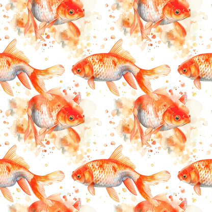watercolor fish, goldfish pattern, orange fish, coral pink, peachy tones, warm colors, aquatic animals, swimming fish, repeating pattern, quilting cotton, fabric panel, watercolor style, painterly effect, splash details, scales texture, fins detail, seamless repeat, craft fabric, sewing material, fish motif