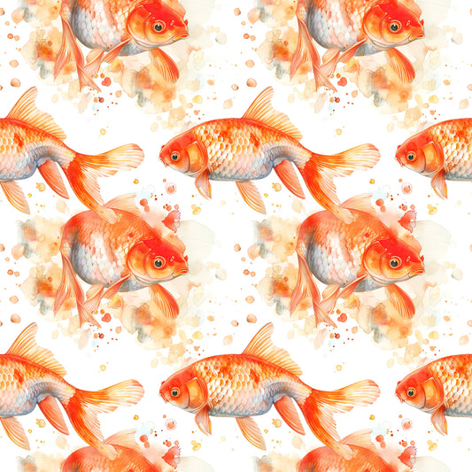 watercolor fish, goldfish pattern, orange fish, coral pink, peachy tones, warm colors, aquatic animals, swimming fish, repeating pattern, quilting cotton, fabric panel, watercolor style, painterly effect, splash details, scales texture, fins detail, seamless repeat, craft fabric, sewing material, fish motif