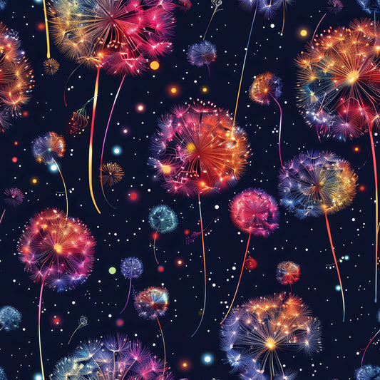 midnight blue, deep navy, pink, purple, gold, orange, teal, dandelion seeds, fireworks bursts, night sky, stars, scattered dots, whimsical pattern, magical mood, quilting cotton, fabric panel, celestial theme, botanical design, wind-blown seeds, colorful explosions