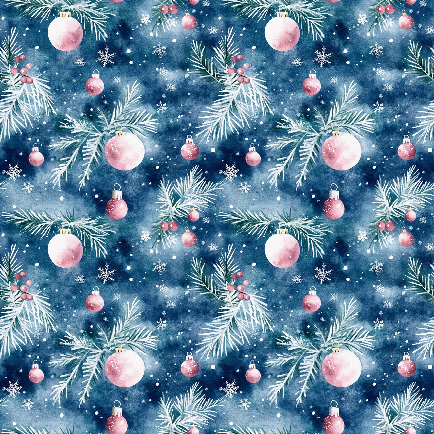 watercolor, navy blue, deep blue, pink ornaments, christmas baubles, pine branches, evergreen needles, snowflakes, winter berries, seamless pattern, repeating design, holiday motif, festive theme, quilting cotton, fabric panel, christmas decor, ornamental design, winter wonderland, seasonal pattern, crafting material