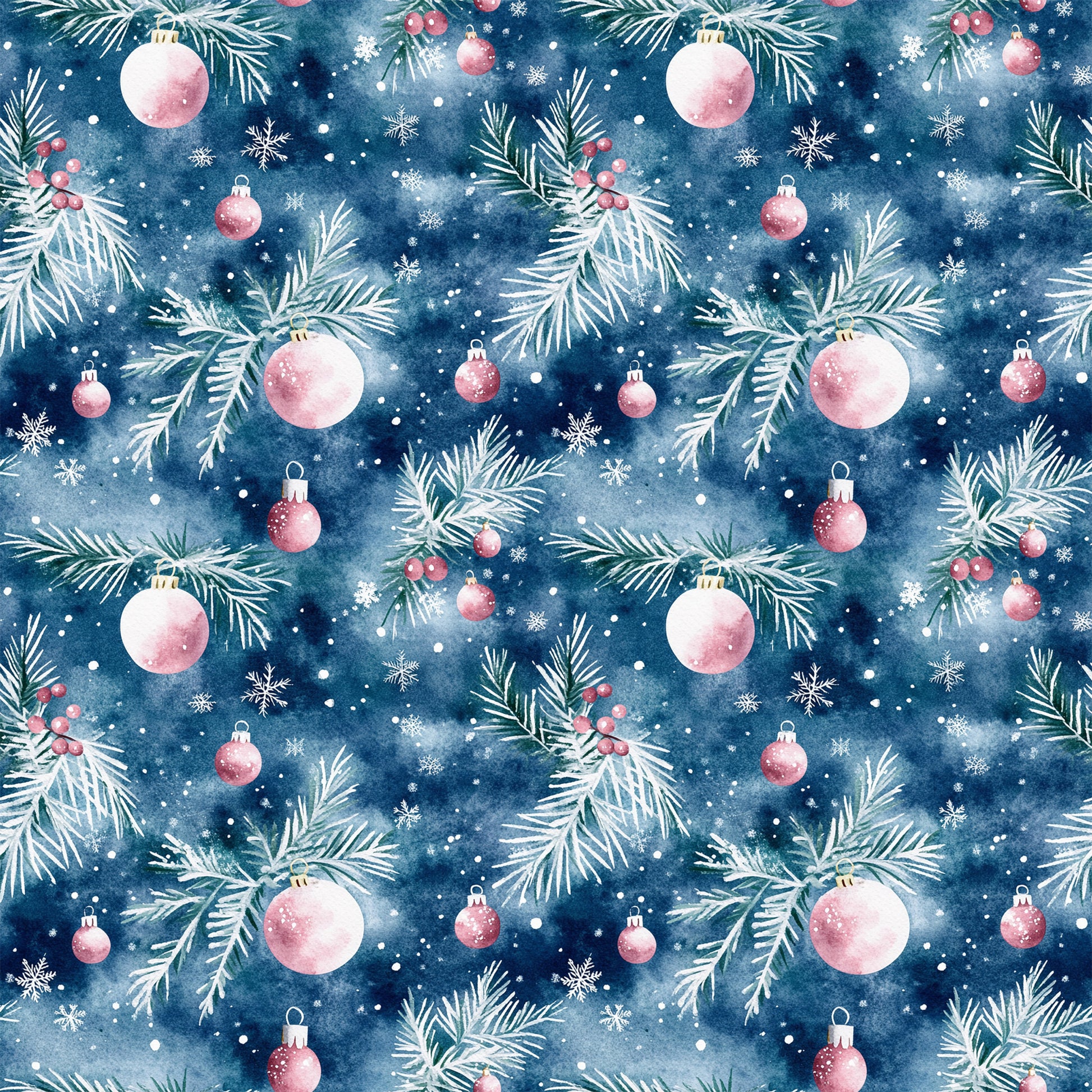 watercolor, navy blue, deep blue, pink ornaments, christmas baubles, pine branches, evergreen needles, snowflakes, winter berries, seamless pattern, repeating design, holiday motif, festive theme, quilting cotton, fabric panel, christmas decor, ornamental design, winter wonderland, seasonal pattern, crafting material