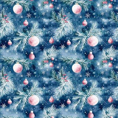 watercolor, navy blue, deep blue, pink ornaments, christmas baubles, pine branches, evergreen needles, snowflakes, winter berries, seamless pattern, repeating design, holiday motif, festive theme, quilting cotton, fabric panel, christmas decor, ornamental design, winter wonderland, seasonal pattern, crafting material