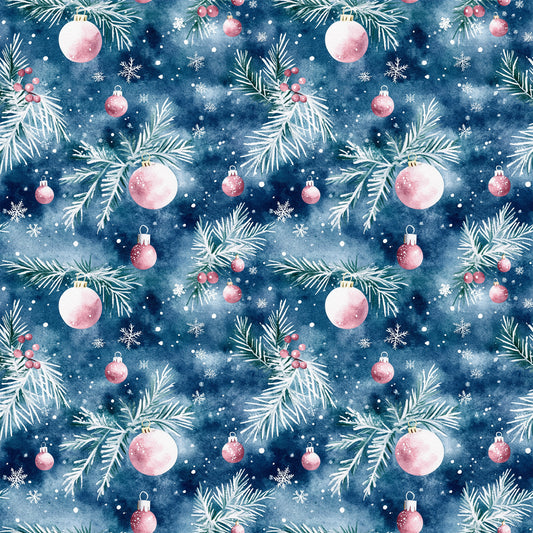 watercolor, navy blue, deep blue, pink ornaments, christmas baubles, pine branches, evergreen needles, snowflakes, winter berries, seamless pattern, repeating design, holiday motif, festive theme, quilting cotton, fabric panel, christmas decor, ornamental design, winter wonderland, seasonal pattern, crafting material