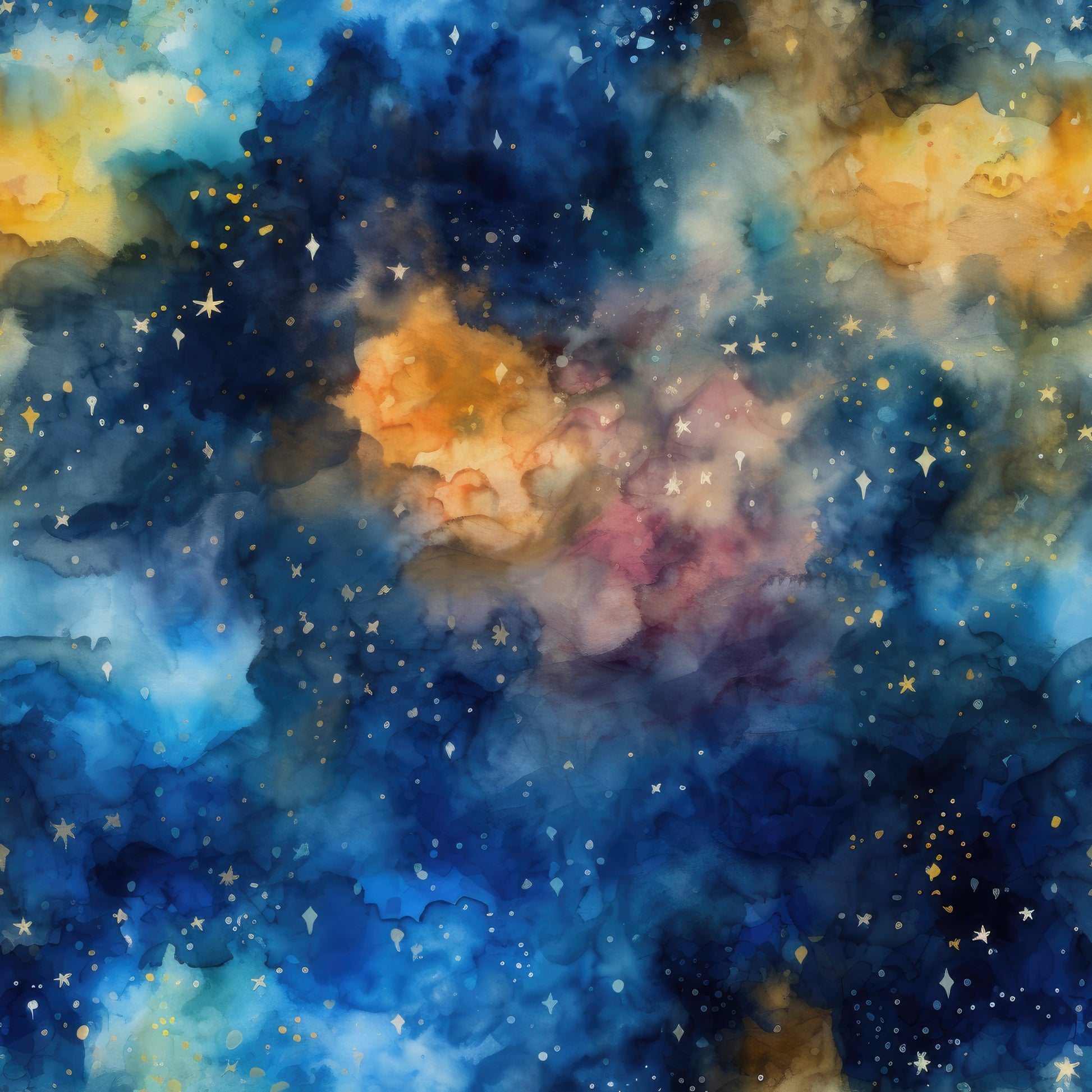 navy blue, deep blue, golden yellow, orange, purple, magenta, starry night, celestial, nebula, cosmic clouds, watercolor style, dreamy, mystical, stars, galaxy, space theme, quilting cotton, fabric panel, astronomical, ethereal