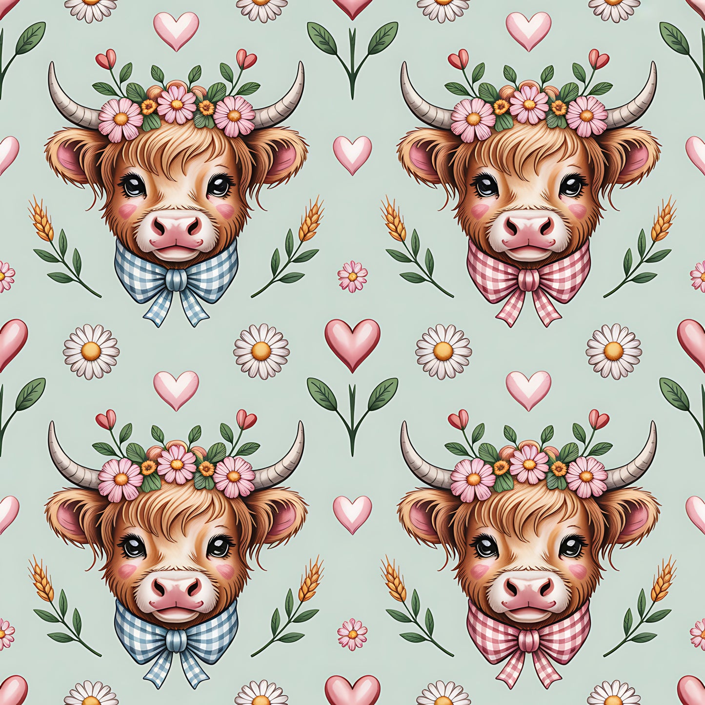 Highland Cow Heads Pattern 2 Quilting Cotton Fabric