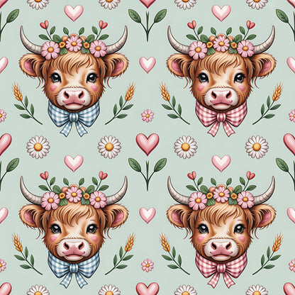 Highland Cow Heads Pattern 2 Quilting Cotton Fabric