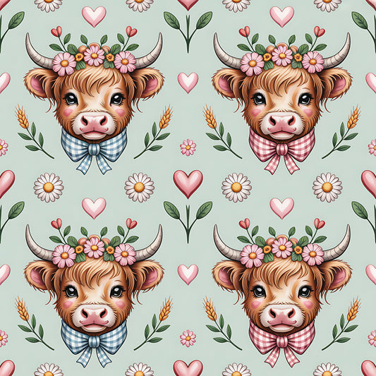 Highland Cow Heads Pattern 2 Quilting Cotton Fabric