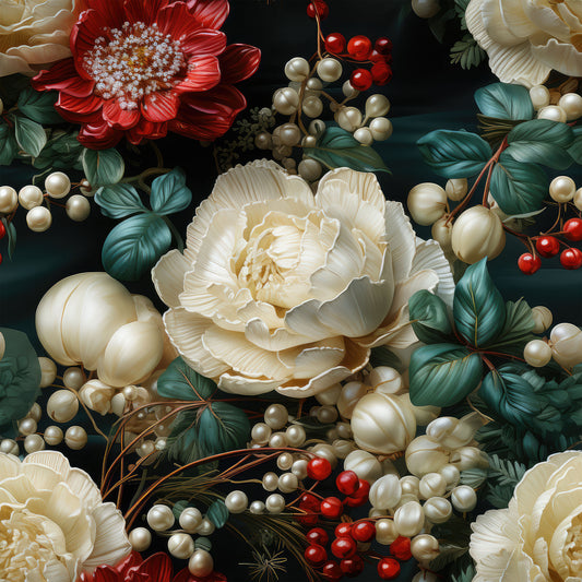 christmas florals, deep red flowers, cream peonies, white blooms, pearl berries, red berries, teal leaves, dark green foliage, botanical pattern, floral arrangement, winter flowers, holiday blooms, quilting cotton, fabric panel, vintage style, moody floral, rich colors, elegant design, festive pattern, luxurious aesthetic