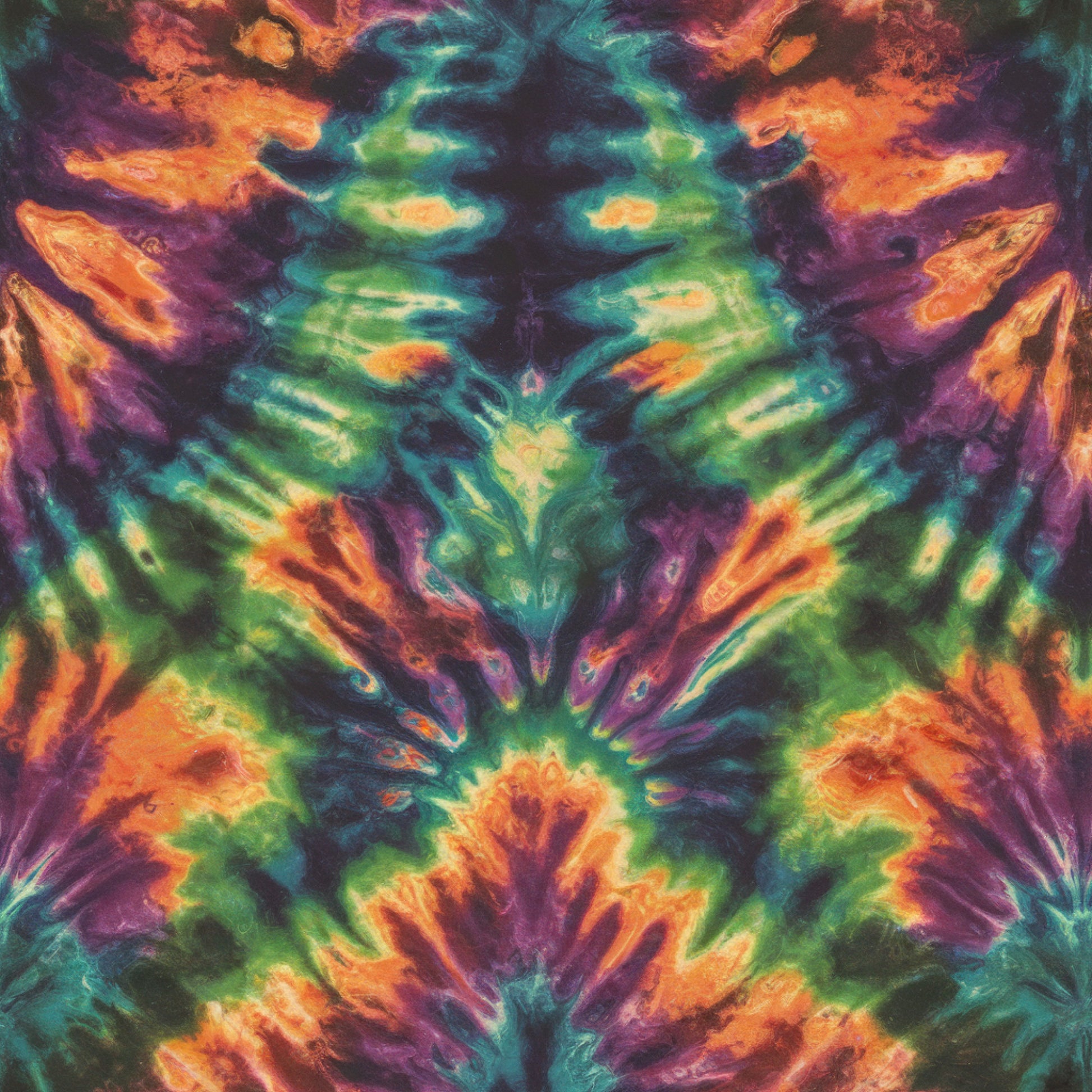 tie dye, retro pattern, psychedelic, kaleidoscope design, vibrant colors, orange, purple, teal, green, yellow, swirling patterns, symmetrical design, groovy, bohemian, hippie style, abstract art, quilting cotton, fabric panel, colorful swirls, rainbow colors