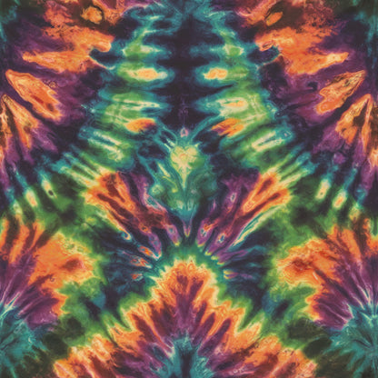 tie dye, retro pattern, psychedelic, kaleidoscope design, vibrant colors, orange, purple, teal, green, yellow, swirling patterns, symmetrical design, groovy, bohemian, hippie style, abstract art, quilting cotton, fabric panel, colorful swirls, rainbow colors