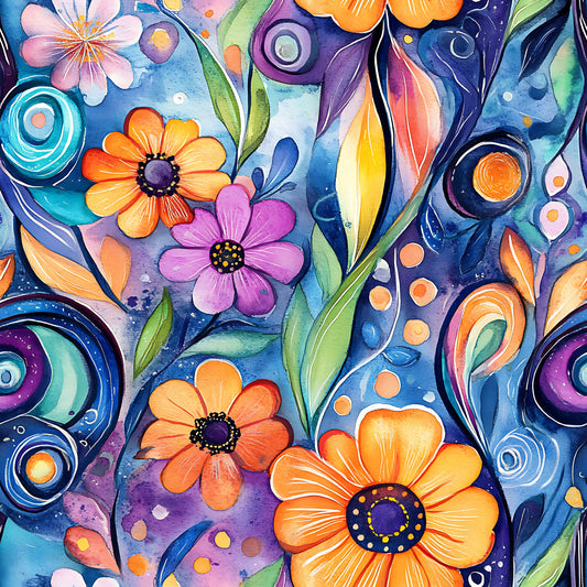 vibrant blue, orange flowers, purple blooms, pink petals, swirling patterns, watercolor style, abstract florals, circular motifs, green leaves, flowing design, whimsical art, modern floral, quilting cotton, fabric panel, artistic swirls, colorful botanicals, contemporary pattern, dreamy aesthetic