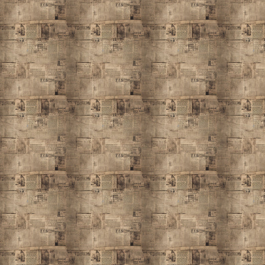 sepia, beige, brown, tan, vintage newspapers, aged paper, antique print, distressed texture, weathered look, nostalgic pattern, old newsprint, faded text, historical design, quilting cotton, fabric panel, retro style, muted tones, newspaper collage, worn appearance, period aesthetic