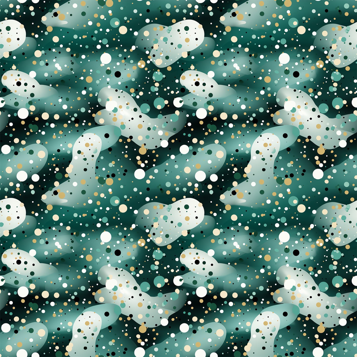 green, teal, white, gold, black, confetti pattern, polka dots, circles, scattered dots, modern design, contemporary style, quilting cotton, fabric panel, festive, celebratory, abstract pattern, geometric design, party theme, scattered elements, vibrant colors