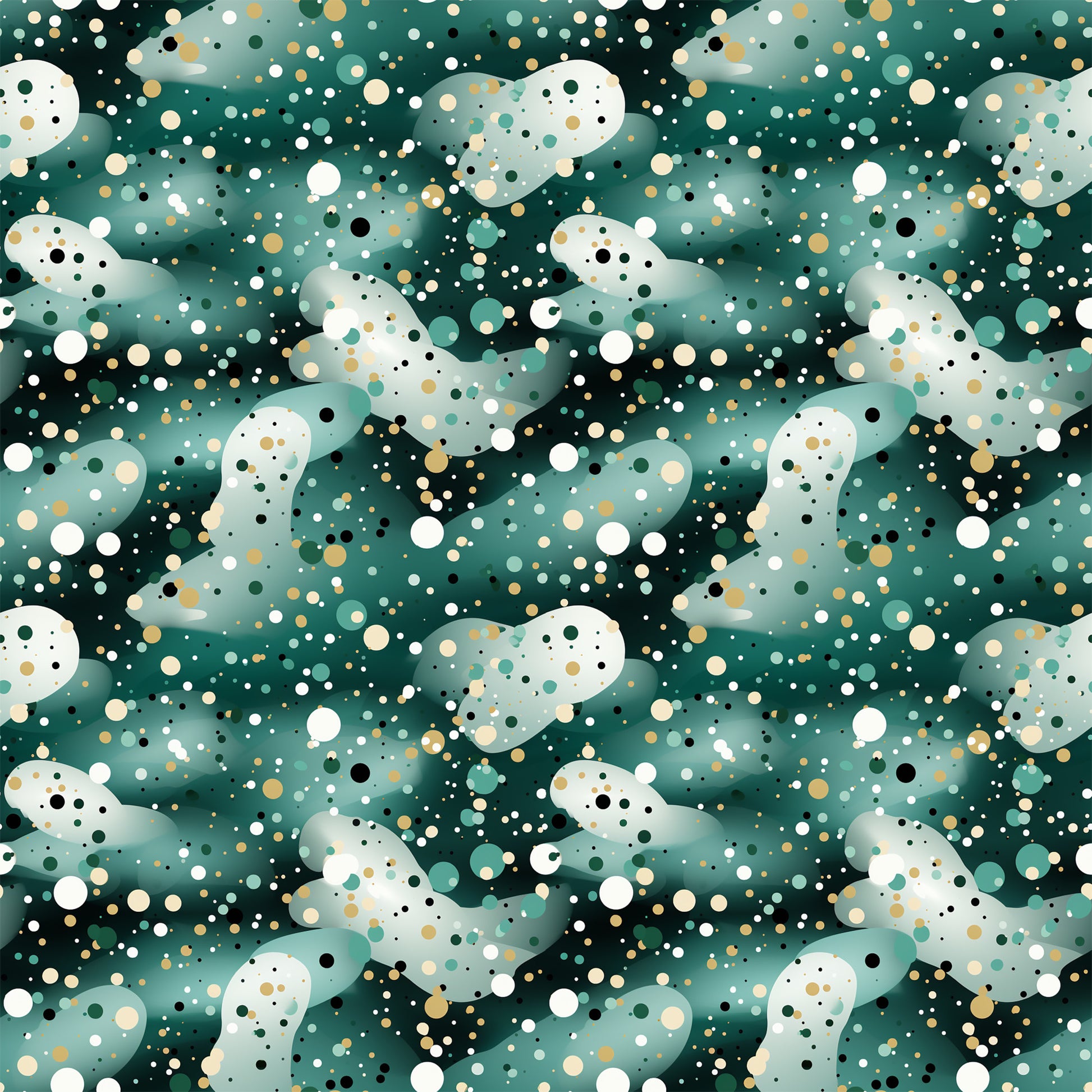 green, teal, white, gold, black, confetti pattern, polka dots, circles, scattered dots, modern design, contemporary style, quilting cotton, fabric panel, festive, celebratory, abstract pattern, geometric design, party theme, scattered elements, vibrant colors
