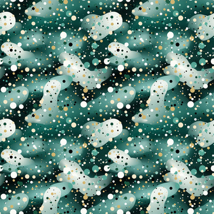 green, teal, white, gold, black, confetti pattern, polka dots, circles, scattered dots, modern design, contemporary style, quilting cotton, fabric panel, festive, celebratory, abstract pattern, geometric design, party theme, scattered elements, vibrant colors