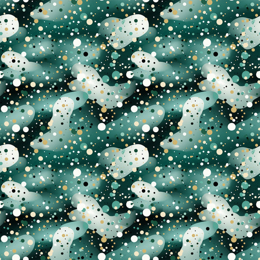 green, teal, white, gold, black, confetti pattern, polka dots, circles, scattered dots, modern design, contemporary style, quilting cotton, fabric panel, festive, celebratory, abstract pattern, geometric design, party theme, scattered elements, vibrant colors