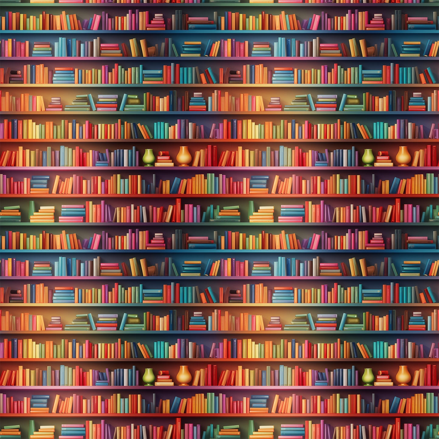 bookshelf pattern, library scene, colorful books, quilting cotton, fabric panel, red books, blue books, green books, yellow books, purple books, orange books, rows of books, literary theme, reading motif, book spines, vibrant colors, repeating pattern, educational theme, cozy atmosphere, book collection