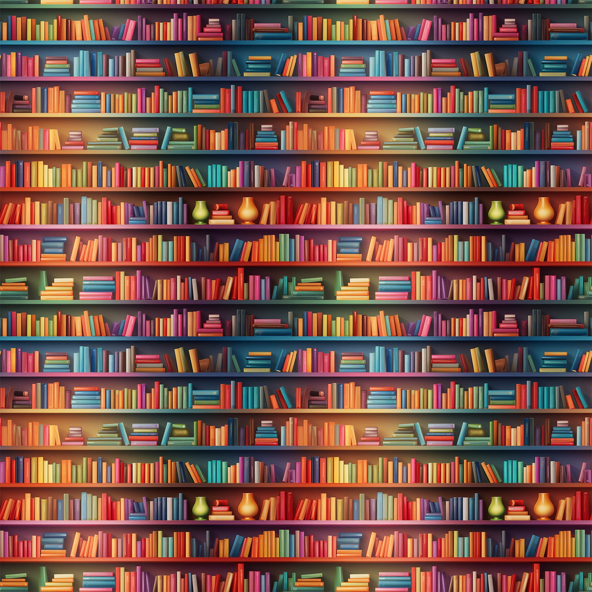 bookshelf pattern, library scene, colorful books, quilting cotton, fabric panel, red books, blue books, green books, yellow books, purple books, orange books, rows of books, literary theme, reading motif, book spines, vibrant colors, repeating pattern, educational theme, cozy atmosphere, book collection