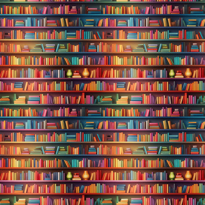 bookshelf pattern, library scene, colorful books, quilting cotton, fabric panel, red books, blue books, green books, yellow books, purple books, orange books, rows of books, literary theme, reading motif, book spines, vibrant colors, repeating pattern, educational theme, cozy atmosphere, book collection