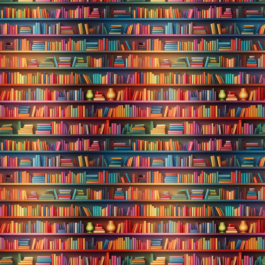bookshelf pattern, library scene, colorful books, quilting cotton, fabric panel, red books, blue books, green books, yellow books, purple books, orange books, rows of books, literary theme, reading motif, book spines, vibrant colors, repeating pattern, educational theme, cozy atmosphere, book collection