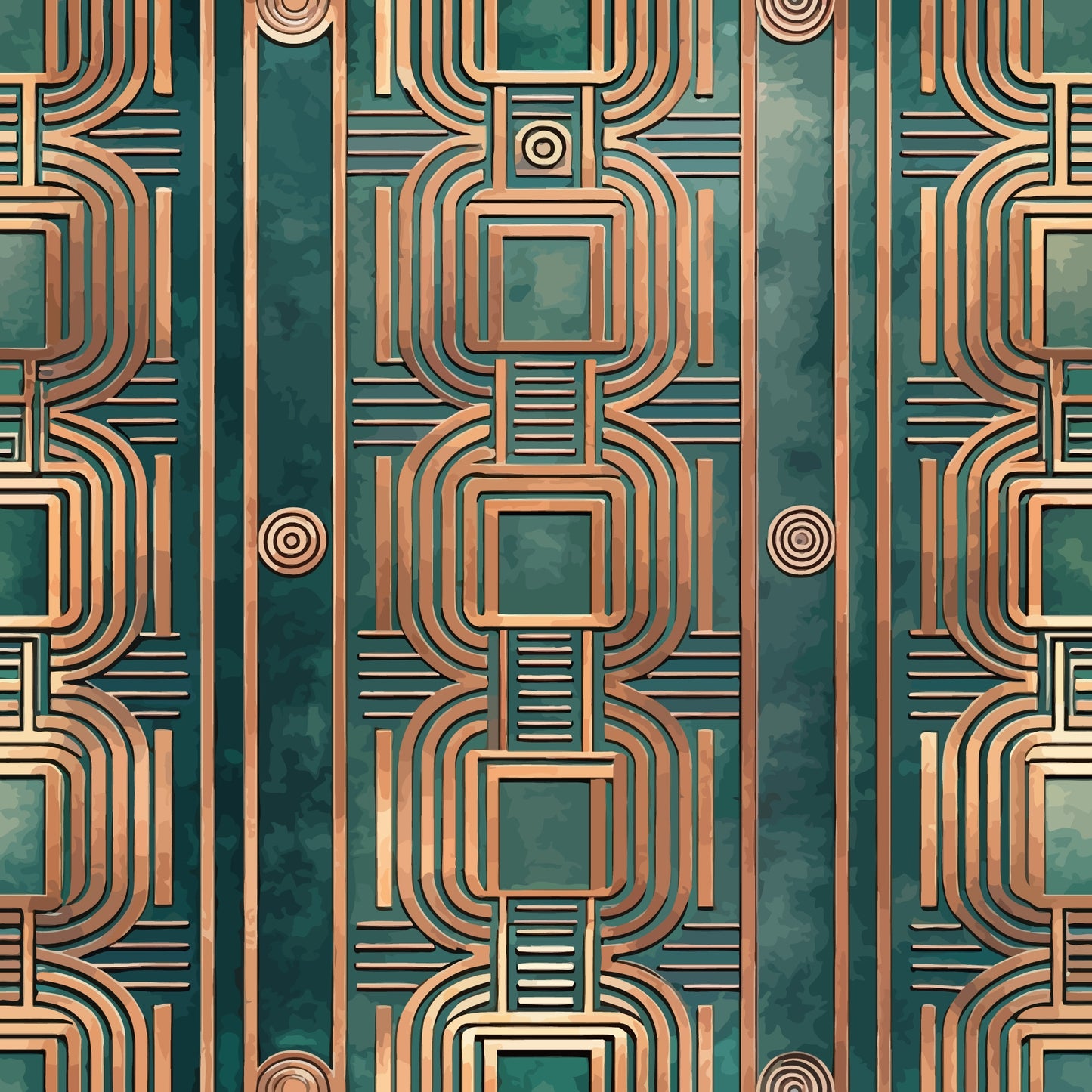 teal, copper, bronze, emerald green, art deco, geometric pattern, concentric squares, curved lines, repeating motif, symmetrical design, vintage style, retro pattern, quilting cotton, fabric panel, angular shapes, metallic appearance, 1920s inspired, decorative circles, linear design, modernist aesthetic