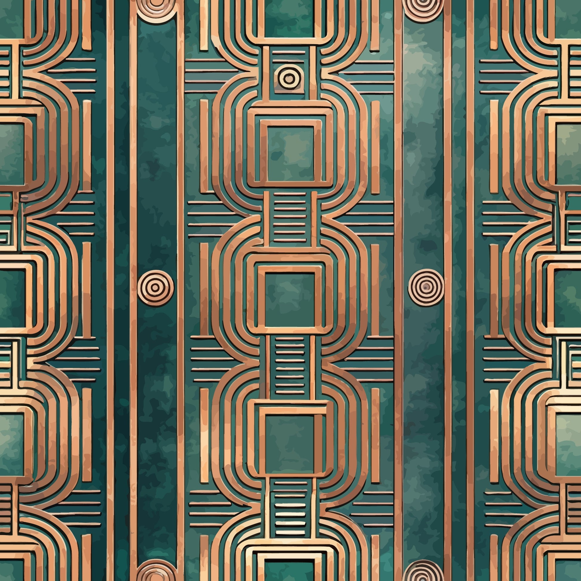 teal, copper, bronze, emerald green, art deco, geometric pattern, concentric squares, curved lines, repeating motif, symmetrical design, vintage style, retro pattern, quilting cotton, fabric panel, angular shapes, metallic appearance, 1920s inspired, decorative circles, linear design, modernist aesthetic