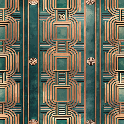 teal, copper, bronze, emerald green, art deco, geometric pattern, concentric squares, curved lines, repeating motif, symmetrical design, vintage style, retro pattern, quilting cotton, fabric panel, angular shapes, metallic appearance, 1920s inspired, decorative circles, linear design, modernist aesthetic