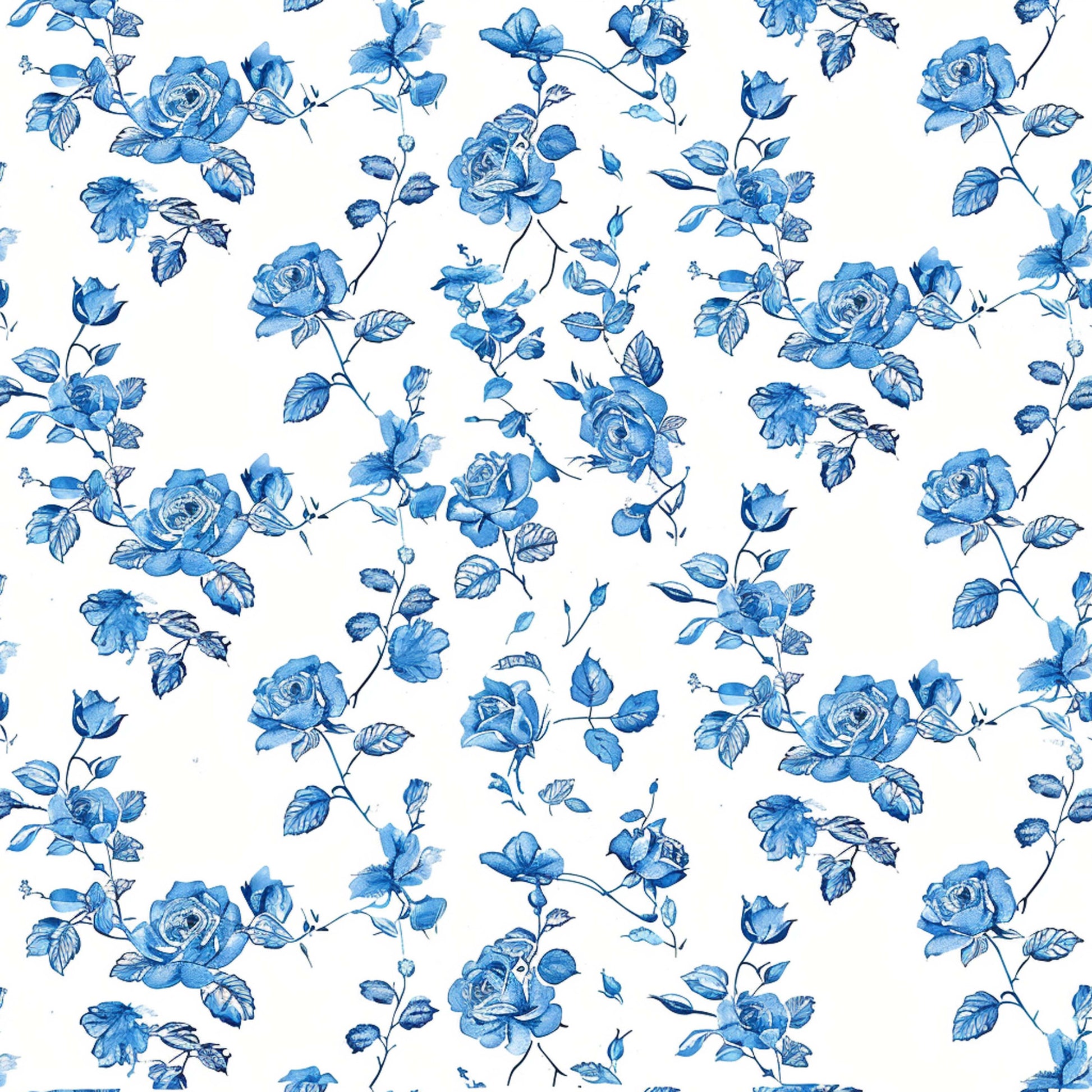 blue roses, white background, floral pattern, vintage style, botanical design, rose blooms, leafy vines, repeating motif, quilting cotton, fabric panel, delicate flowers, romantic florals, cottage core, farmhouse aesthetic, watercolor effect, climbing roses, garden flowers, soft blue tones, nature inspired, crafting material