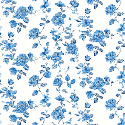 blue roses, white background, floral pattern, vintage style, botanical design, rose blooms, leafy vines, repeating motif, quilting cotton, fabric panel, delicate flowers, romantic florals, cottage core, farmhouse aesthetic, watercolor effect, climbing roses, garden flowers, soft blue tones, nature inspired, crafting material