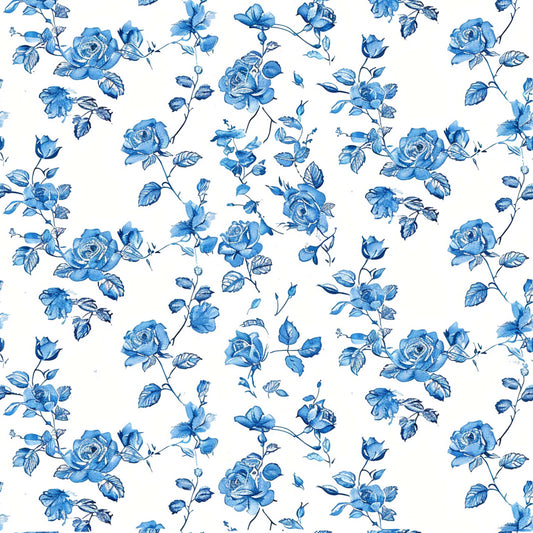 blue roses, white background, floral pattern, vintage style, botanical design, rose blooms, leafy vines, repeating motif, quilting cotton, fabric panel, delicate flowers, romantic florals, cottage core, farmhouse aesthetic, watercolor effect, climbing roses, garden flowers, soft blue tones, nature inspired, crafting material