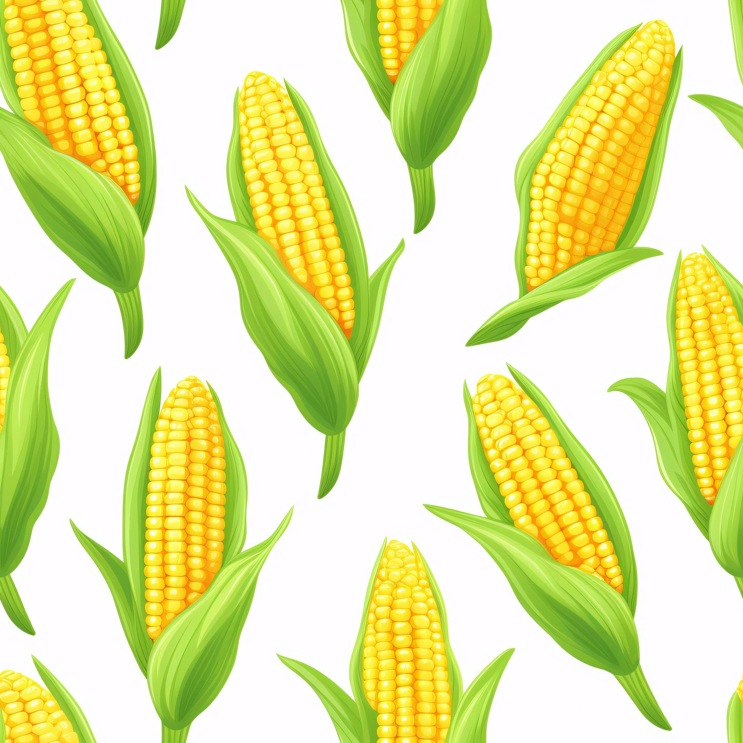 yellow, golden yellow, bright green, lime green, corn cobs, corn ears, sweet corn, vegetable pattern, food motif, harvest theme, farm fresh, agricultural design, summer produce, repeating pattern, scattered layout, quilting cotton, fabric panel, botanical illustration, realistic style, kitchen theme