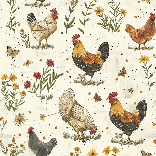 Daily Deal: Farmhouse Chickens Pattern 8 Quilting Cotton Fabric - 45" x 1 Yard"
