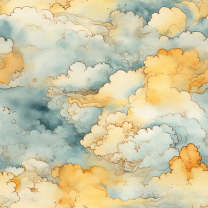 sunset colors, golden yellow, soft blue, cream white, orange hues, cloud formations, sky pattern, watercolor style, dreamy atmosphere, quilting cotton, fabric panel, celestial theme, flowing clouds, warm tones, serene mood, nature inspired, atmospheric design, soft gradients, peaceful sky, cotton fabric