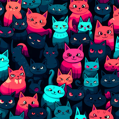 cats, suspicious expression, neon pink, teal, turquoise, navy blue, dark blue, coral pink, geometric cats, stylized animals, modern illustration, contemporary art, quilting cotton, fabric panel, repetitive pattern, feline faces, bright colors, pop art style, cartoon cats, vibrant design