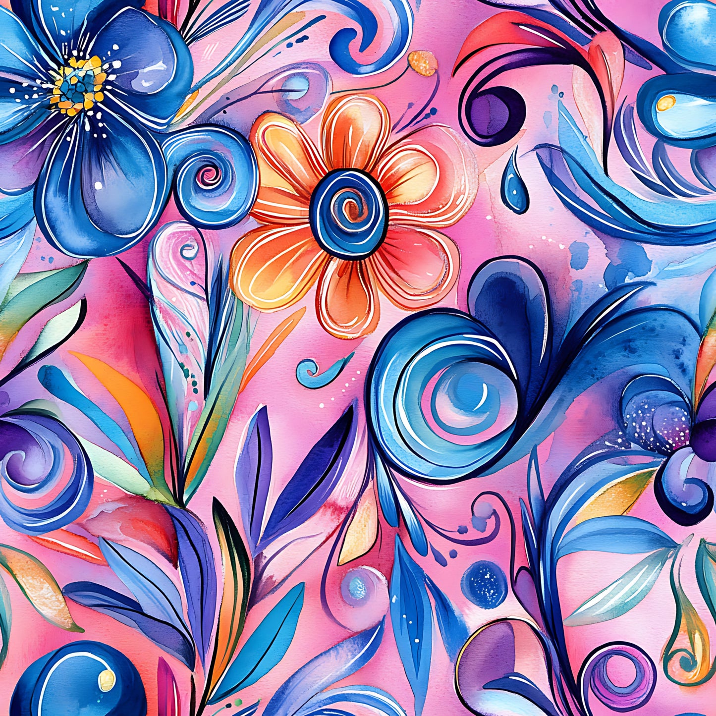 vibrant pink, electric blue, coral orange, purple accents, abstract florals, swirling patterns, decorative flowers, whimsical blooms, flowing spirals, watercolor style, artistic design, quilting cotton, fabric panel, contemporary art, psychedelic motifs, gradient colors, organic shapes, modern floral, crafting material