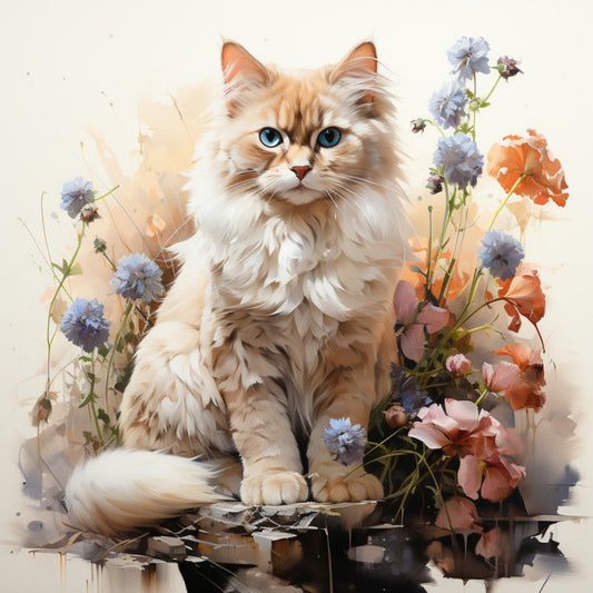 Watercolor Cats with Flowers Fabric Panel 15