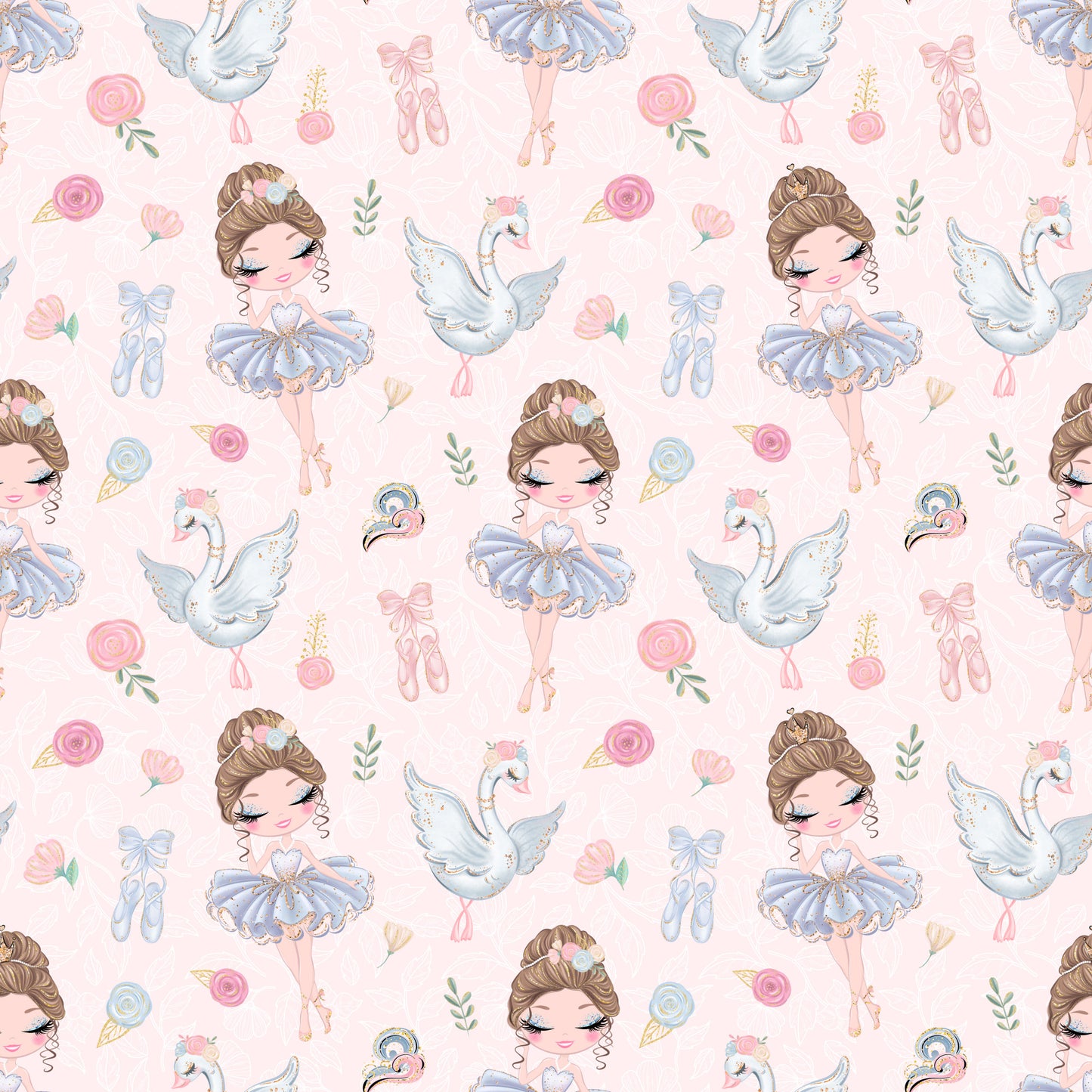 pink background, ballerina girls, blue tutus, white swans, ballet slippers, floral roses, watercolor style, whimsical illustration, pastel colors, quilting cotton, fabric panel, dance theme, feminine design, cute characters, repeating pattern, soft pink, powder blue, delicate florals, ballet motifs, children's fabric