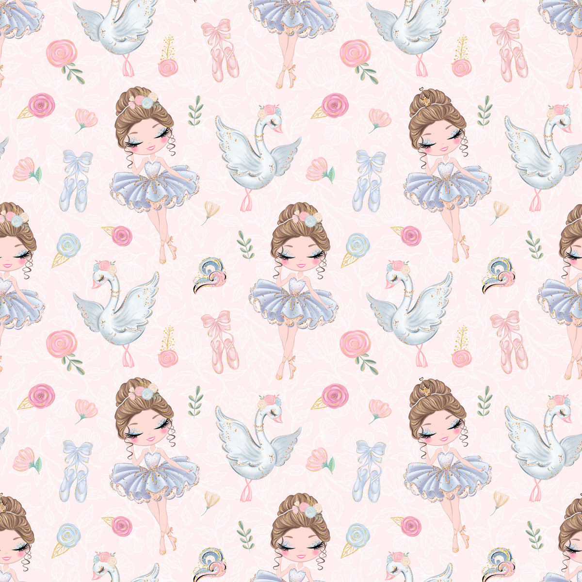 pink background, ballerina girls, blue tutus, white swans, ballet slippers, floral roses, watercolor style, whimsical illustration, pastel colors, quilting cotton, fabric panel, dance theme, feminine design, cute characters, repeating pattern, soft pink, powder blue, delicate florals, ballet motifs, children's fabric