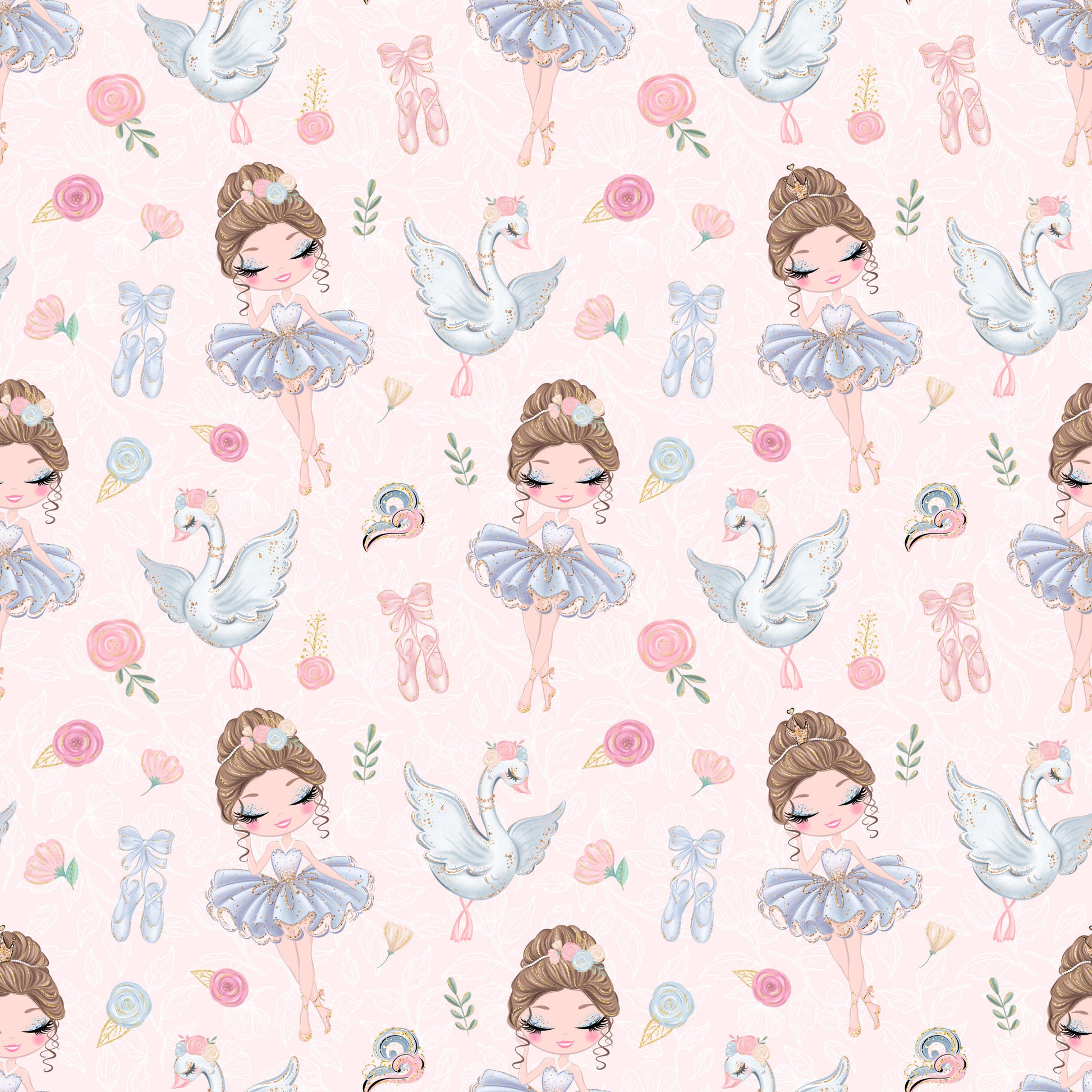 pink background, ballerina girls, blue tutus, white swans, ballet slippers, floral roses, watercolor style, whimsical illustration, pastel colors, quilting cotton, fabric panel, dance theme, feminine design, cute characters, repeating pattern, soft pink, powder blue, delicate florals, ballet motifs, children's fabric