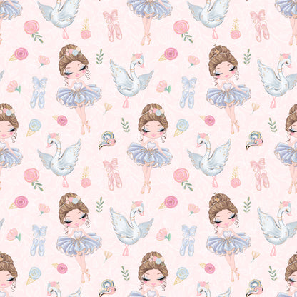 pink background, ballerina girls, blue tutus, white swans, ballet slippers, floral roses, watercolor style, whimsical illustration, pastel colors, quilting cotton, fabric panel, dance theme, feminine design, cute characters, repeating pattern, soft pink, powder blue, delicate florals, ballet motifs, children's fabric