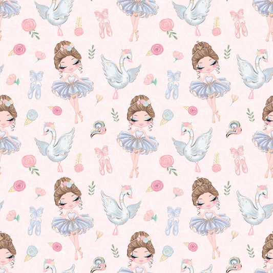 pink background, ballerina girls, blue tutus, white swans, ballet slippers, floral roses, watercolor style, whimsical illustration, pastel colors, quilting cotton, fabric panel, dance theme, feminine design, cute characters, repeating pattern, soft pink, powder blue, delicate florals, ballet motifs, children's fabric