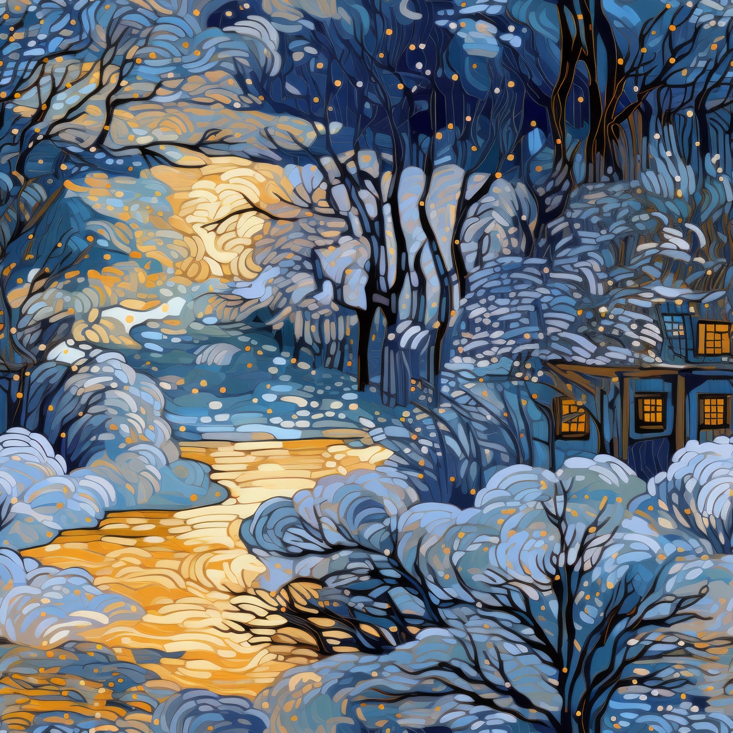 winter scene, quilting cotton, fabric panel, navy blue, golden yellow, cream white, swirling patterns, snow covered, bare trees, cozy cottage, warm windows, glowing lights, peaceful evening, whimsical style, flowing lines, seasonal fabric, dawn sky, snowy landscape, artistic swirls, winter cottage