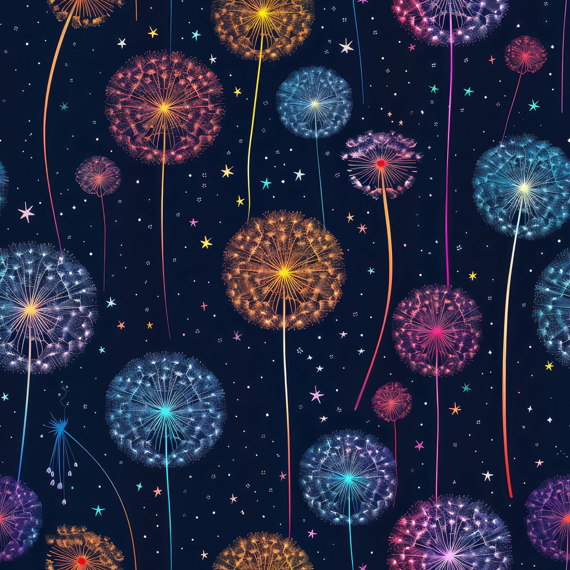 midnight blue, navy background, dandelions, fireworks, colorful bursts, orange sparks, pink explosions, blue starbursts, purple blooms, teal accents, stars scattered, night sky, whimsical pattern, magical design, quilting cotton, fabric panel, celestial theme, dreamy atmosphere, botanical motifs, festive explosions