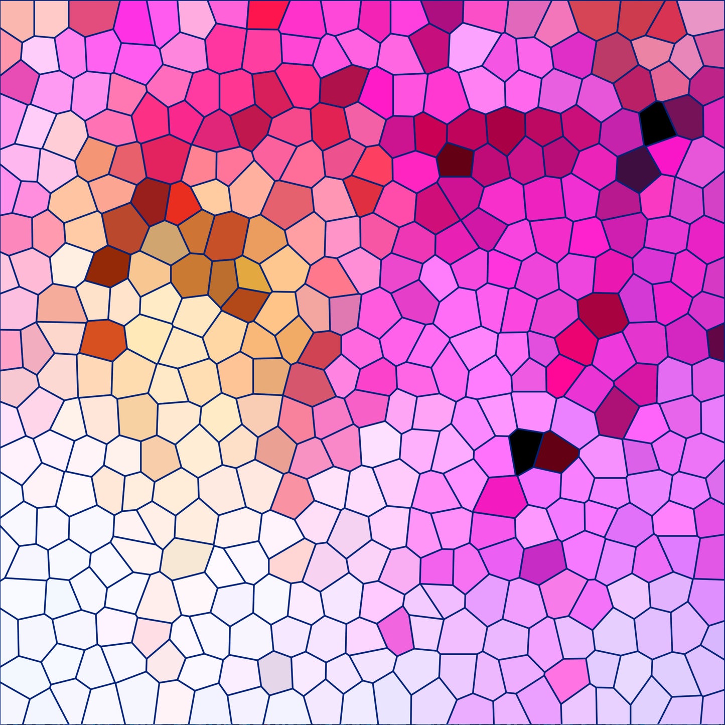 mosaic pattern, stained glass, geometric polygons, pink tones, magenta, fuchsia, coral, peach, cream, white, brown accents, black details, quilting cotton, fabric panel, abstract design, tessellation, vibrant colors, romantic palette, contemporary art, crafting material