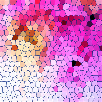 mosaic pattern, stained glass, geometric polygons, pink tones, magenta, fuchsia, coral, peach, cream, white, brown accents, black details, quilting cotton, fabric panel, abstract design, tessellation, vibrant colors, romantic palette, contemporary art, crafting material
