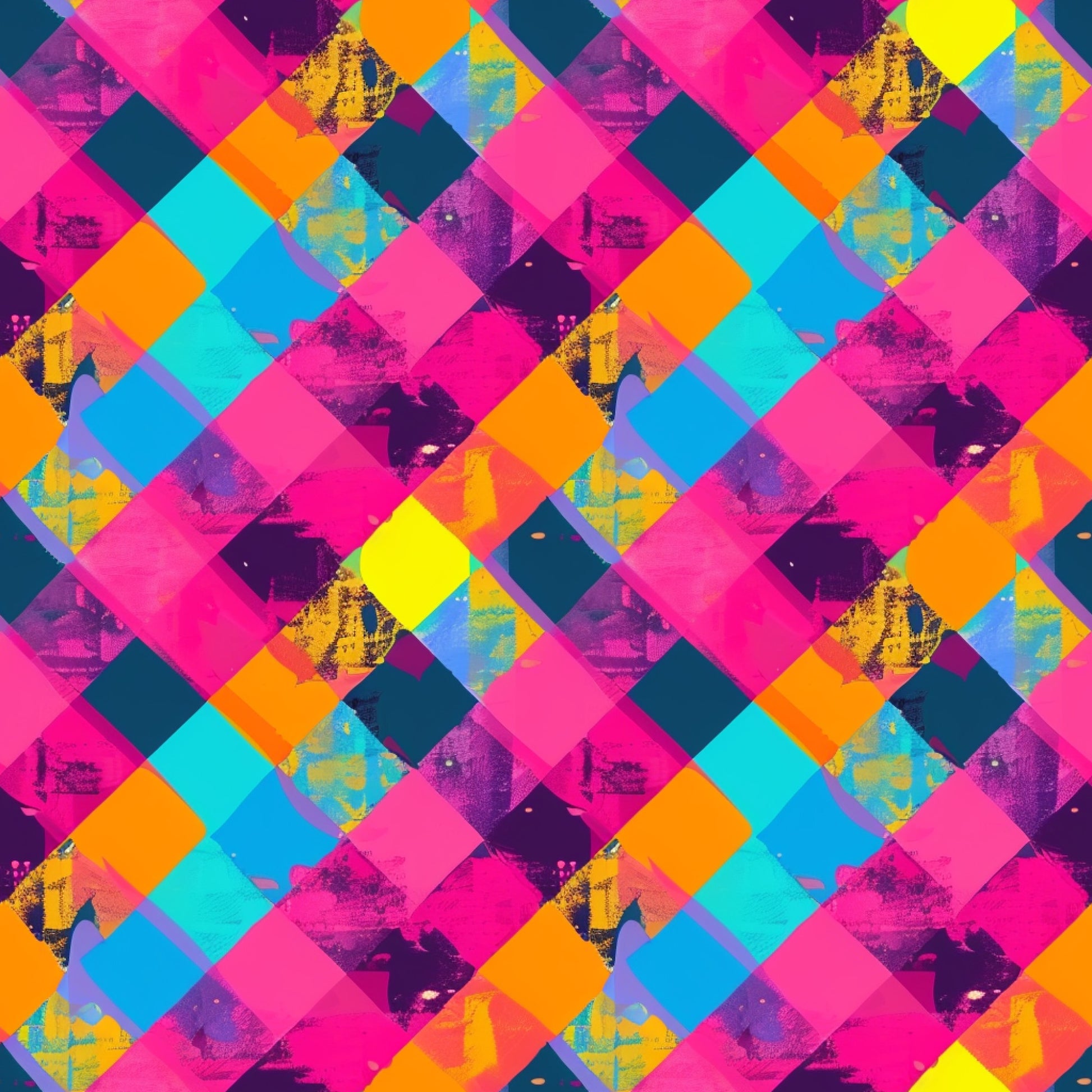 neon colors, hot pink, electric blue, bright orange, cyan, yellow, purple, geometric pattern, diamond shapes, gingham style, overlapping squares, vibrant hues, modern design, contemporary art, quilting cotton, fabric panel, retro aesthetic, pop art style, fluorescent tones, abstract geometric