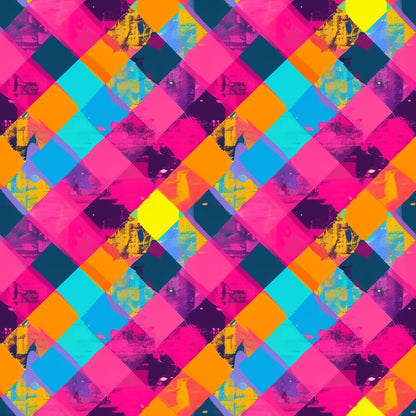 neon colors, hot pink, electric blue, bright orange, cyan, yellow, purple, geometric pattern, diamond shapes, gingham style, overlapping squares, vibrant hues, modern design, contemporary art, quilting cotton, fabric panel, retro aesthetic, pop art style, fluorescent tones, abstract geometric